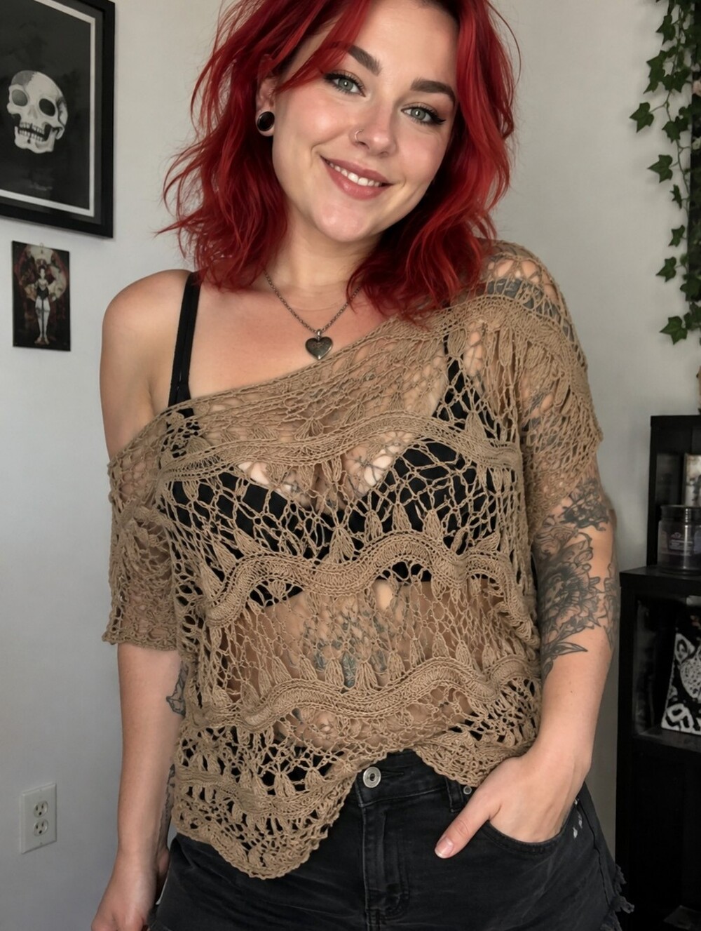 Body Central Tan Crochet Knit Top